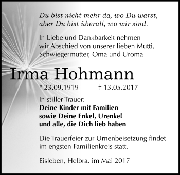 Traueranzeige von Irma Hohmann von Mitteldeutsche Zeitung Mansfelder Land