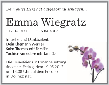 Traueranzeige von Emma Wiegratz von WVG - Wochenspiegel Merseburg