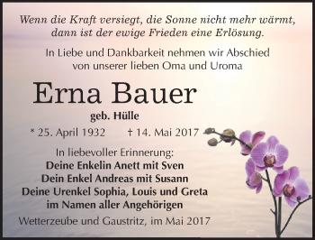 Traueranzeige von Erna Bauer von Mitteldeutsche Zeitung Zeitz