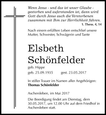Traueranzeige von Elsbeth Schönfelder von Mitteldeutsche Zeitung Aschersleben