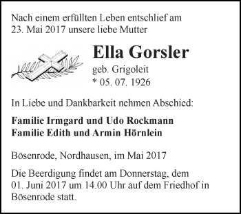 Traueranzeige von Ella Gorsler von Super Sonntag SGH Mansf. Land