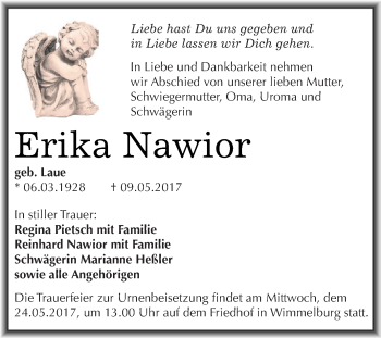Traueranzeige von Erika Nawior von Wochenspiegel Mansfelder Land