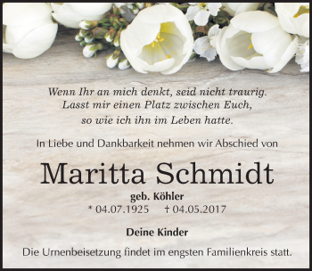 Traueranzeige von Maritta Schmidt von Mitteldeutsche Zeitung Mansfelder Land