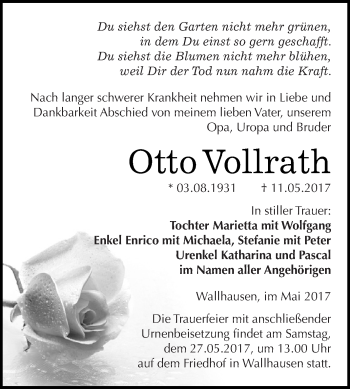 Traueranzeige von Otto Vollrath von WVG - Wochenspiegel SGH