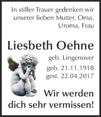 Traueranzeige von Liesbeth Oehne von WVG - Wochenspiegel NMB / WSF / ZTZ