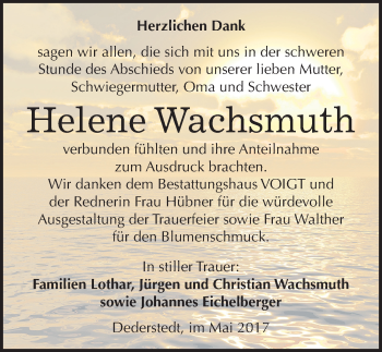Traueranzeige von Helene Wachsmuth von Mitteldeutsche Zeitung Mansfelder Land