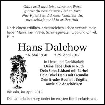 Traueranzeige von Hans Dalchow von WVG - Wochenspiegel NMB / WSF / ZTZ