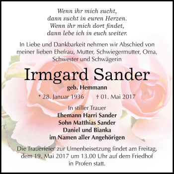Traueranzeige von Irmgard Sander von Super Sonntag Zeitz
