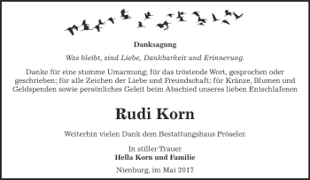 Traueranzeige von Rudi Korn von Super Sonntag Bernburg