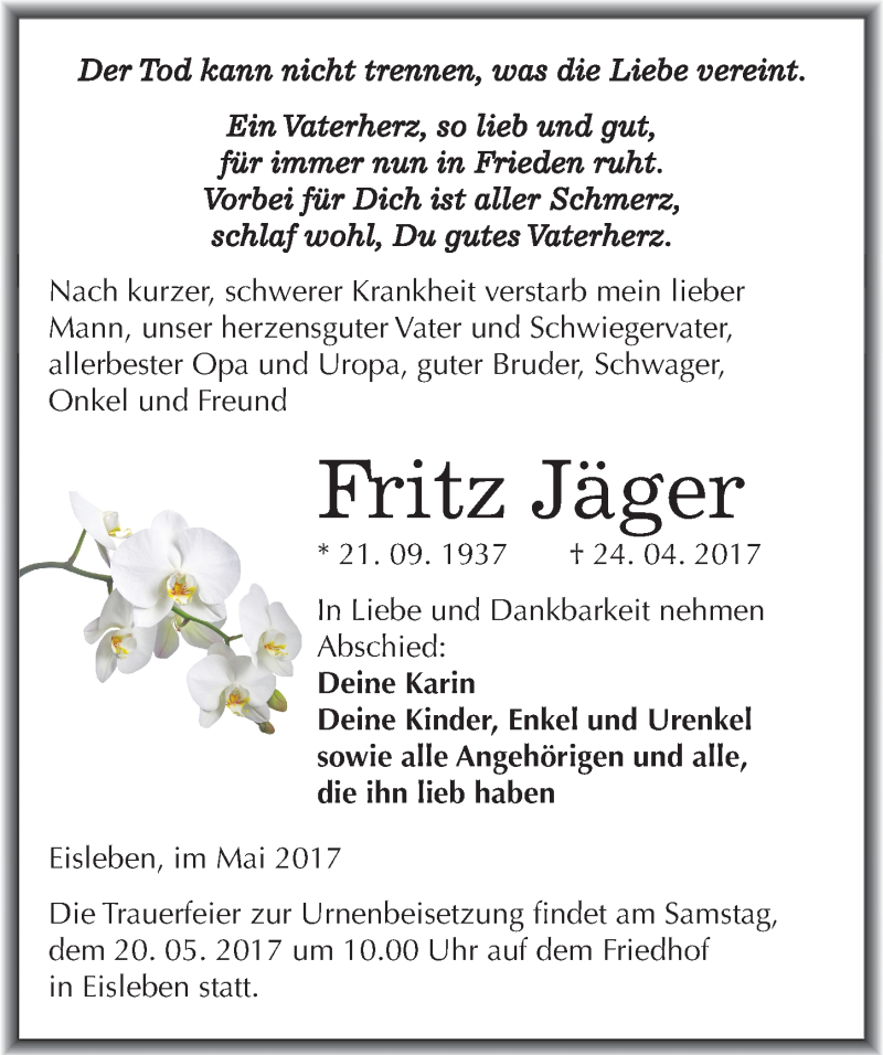  Traueranzeige für Fritz Jäger vom 13.05.2017 aus Mitteldeutsche Zeitung Mansfelder Land