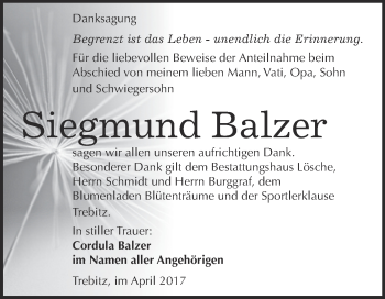 Traueranzeige von Siegmund Balzer von WVG - Wochenspiegel Wittenberg