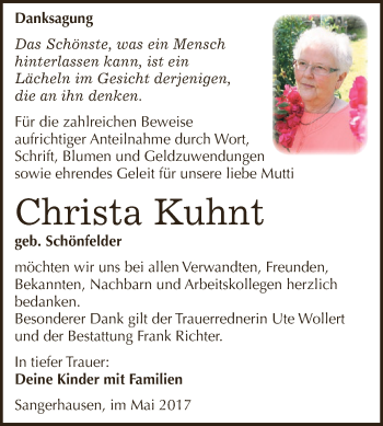 Traueranzeige von Christa Kuhnt von Super Sonntag SGH Mansf. Land