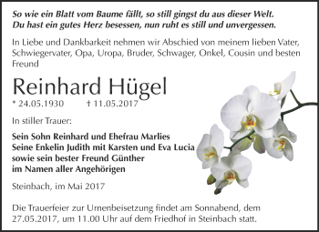 Traueranzeige von Reinhard Hügel von WVG - Wochenspiegel NMB / WSF / ZTZ