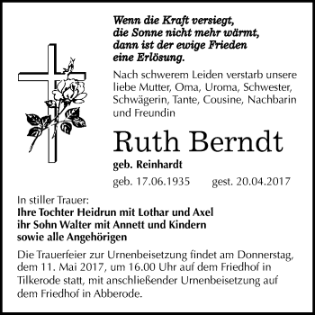 Traueranzeige von Ruth Berndt von WVG - Wochenspiegel Quedlinburg