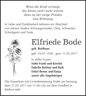Traueranzeige von Elfriede Bode von WVG - Wochenspiegel Bitterfeld