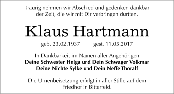 Traueranzeige von Klaus Hartmann von Mitteldeutsche Zeitung Bitterfeld