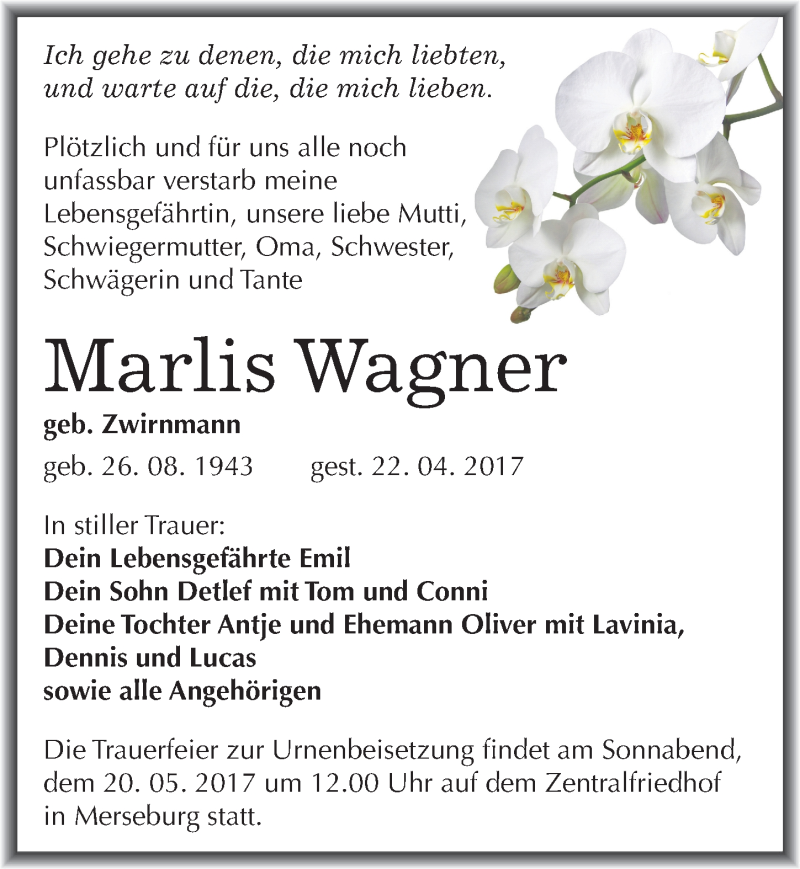  Traueranzeige für Marlis Wagner vom 06.05.2017 aus Mitteldeutsche Zeitung Merseburg/Querfurt