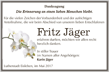 Traueranzeige von Fritz Jäger von Wochenspiegel Mansfelder Land
