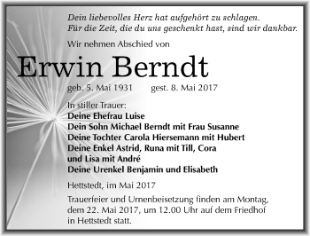 Traueranzeige von Erwin Berndt von Mitteldeutsche Zeitung Mansfelder Land