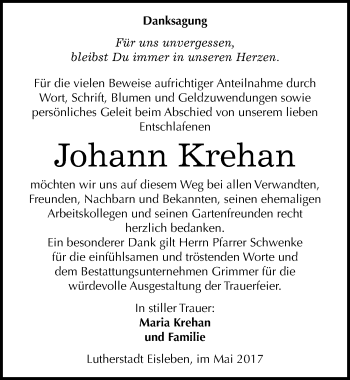 Traueranzeige von Johann Krehan von Mitteldeutsche Zeitung Mansfelder Land