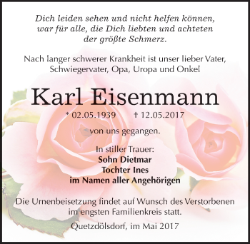 Traueranzeige von Karl Eisenmann von Mitteldeutsche Zeitung Bitterfeld