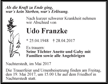 Traueranzeige von Udo Franzke von Super Sonntag Aschersleben
