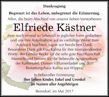 Traueranzeige von Elfriede Kästner von Wochenspiegel Mansfelder Land