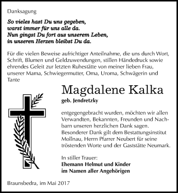 Traueranzeige von Magdalena Kalka von Mitteldeutsche Zeitung Merseburg/Querfurt