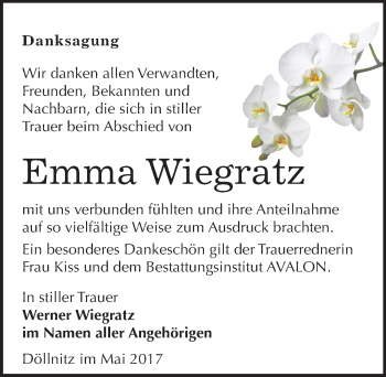Traueranzeige von Emma Wiegratz von Mitteldeutsche Zeitung Merseburg/Querfurt