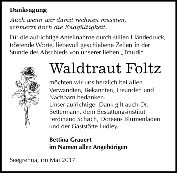 Traueranzeige von Waldtraut Foltz von Mitteldeutsche Zeitung Wittenberg