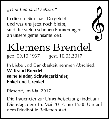 Traueranzeige von Klemens Brendel von Mitteldeutsche Zeitung Bernburg
