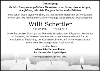 Traueranzeige von Willi Schettler von Mitteldeutsche Zeitung Naumburg/Nebra