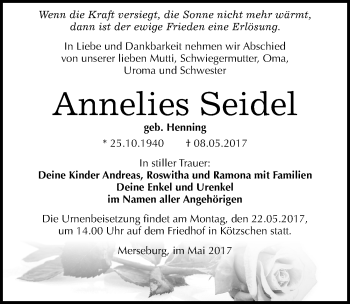 Traueranzeige von Annelies Seidel von Mitteldeutsche Zeitung Merseburg/Querfurt