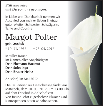 Traueranzeige von Margot Polter von Mitteldeutsche Zeitung Mansfelder Land