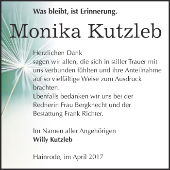 Traueranzeige von Monika Kutzleb von Super Sonntag SGH Mansf. Land