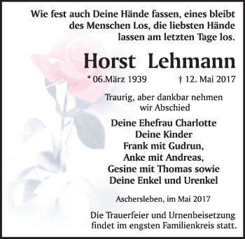 Traueranzeige von Horst Lehmann von Mitteldeutsche Zeitung Aschersleben
