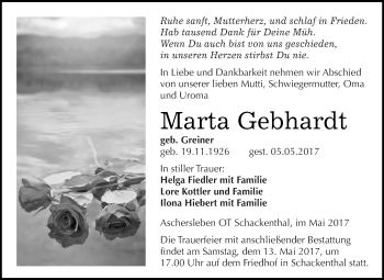 Traueranzeige von Marta Gebhardt von Super Sonntag Aschersleben