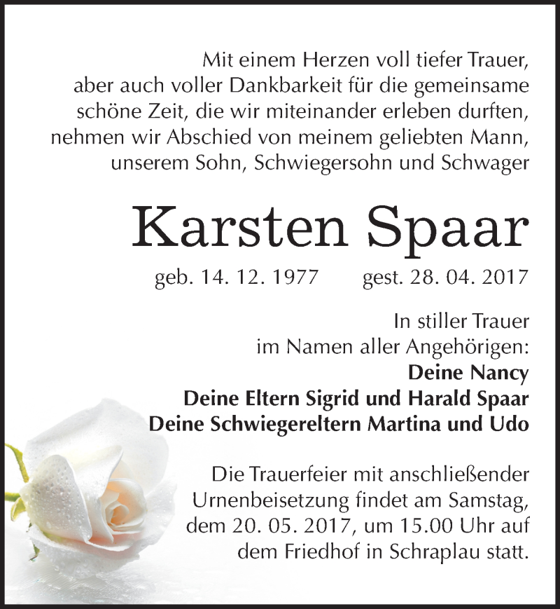  Traueranzeige für Karsten Spaar vom 13.05.2017 aus Mitteldeutsche Zeitung Merseburg/Querfurt
