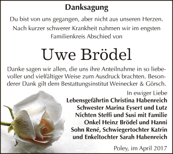 Traueranzeige von Uwe Brödel von Super Sonntag Bernburg