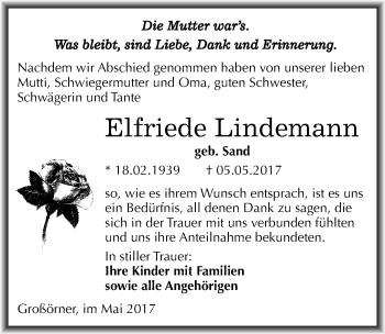 Traueranzeige von Elfriede Lindemann von Mitteldeutsche Zeitung Mansfelder Land