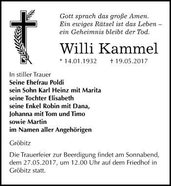 Traueranzeige von Willi Kammel von Mitteldeutsche Zeitung Weißenfels