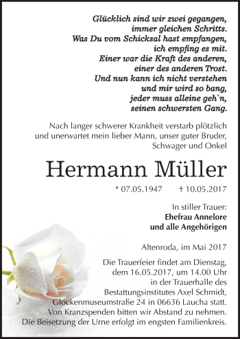 Traueranzeige von Hermann Müller von Mitteldeutsche Zeitung Naumburg/Nebra