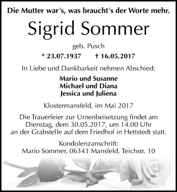 Traueranzeige von Sigrid Sommer von Mitteldeutsche Zeitung Mansfelder Land