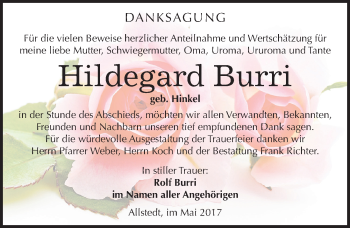 Traueranzeige von Hildegard Burri von Mitteldeutsche Zeitung Sangerhausen