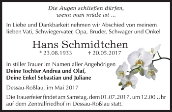 Traueranzeige von Hans Schmidtchen von Mitteldeutsche Zeitung Dessau-Roßlau