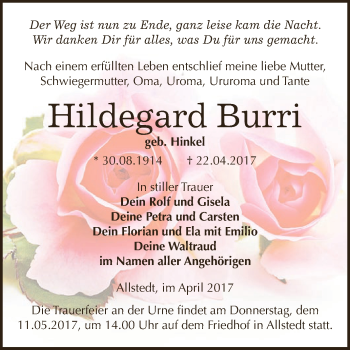 Traueranzeige von Hildegard Burri von Super Sonntag SGH Mansf. Land