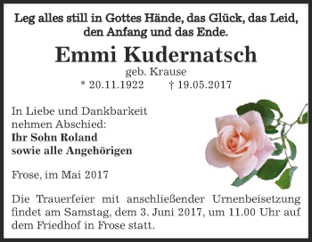 Traueranzeige von Emmi Kudernatsch von Super Sonntag Aschersleben