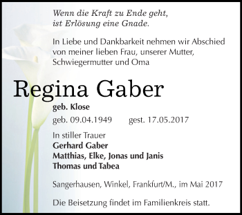 Traueranzeige von Regina Gaber von Super Sonntag SGH Mansf. Land