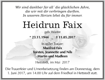Traueranzeige von Heidrun Faix von Mitteldeutsche Zeitung Mansfelder Land