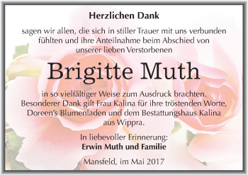 Traueranzeige von Brigitte Muth von Mitteldeutsche Zeitung Mansfelder Land